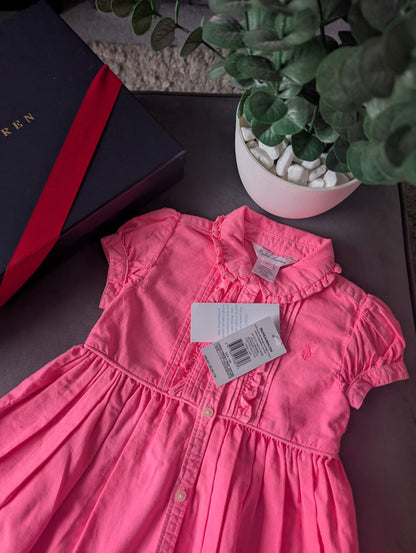 New Girls Polo Ralph Lauren Gorgeous Plain  Dress Oxford Neon Pink 12-18m Smart