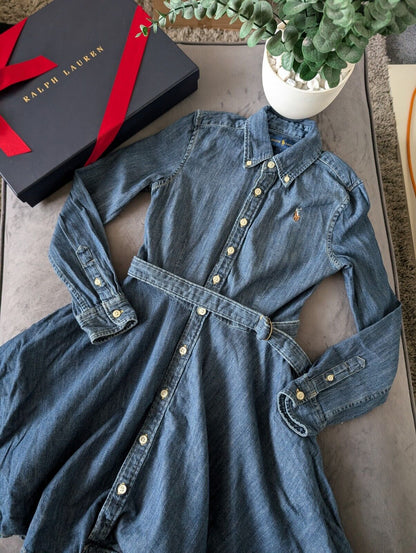 Vgc Ralph Lauren girls denim style shirt dress belted occasion 7 Yrs Winter occasion