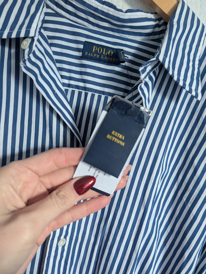 New Polo Ralph Lauren Poplin Shirt Dress Belted Smart UK 14 £175 Blue Stripe