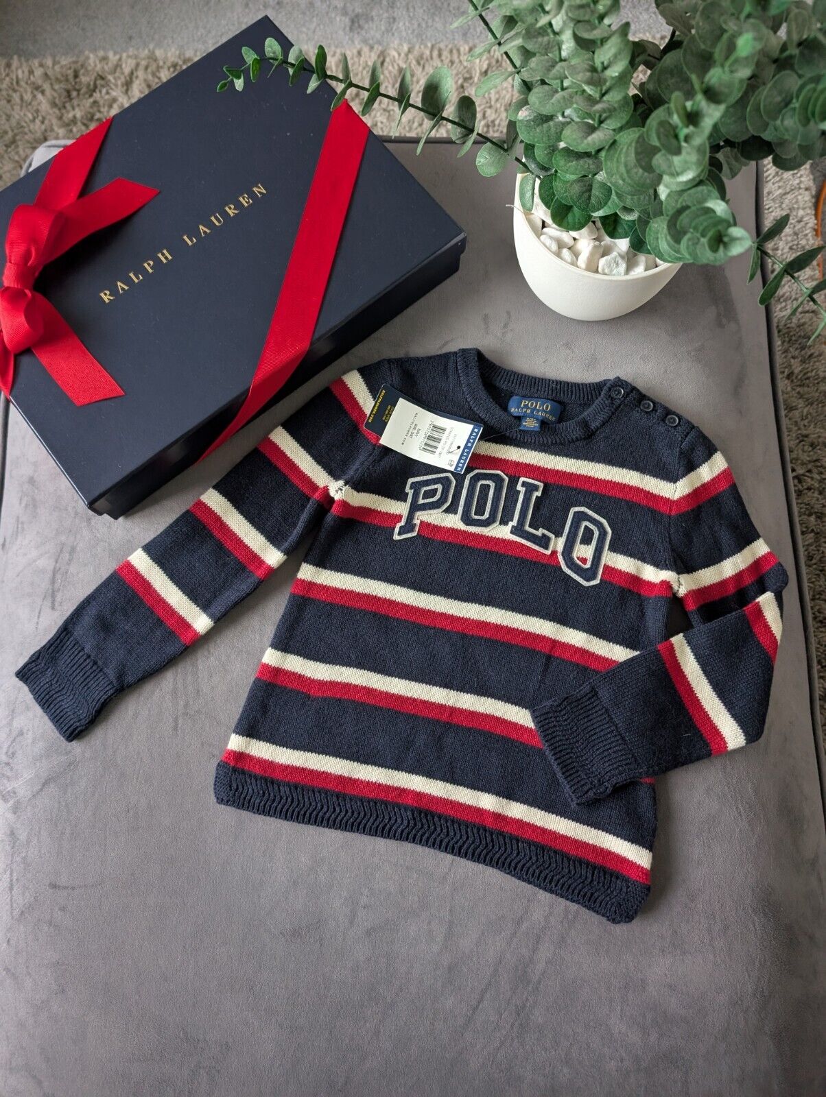 New Ralph Lauren Boys Navy Smart Casual Pullover Stripe Jumper Pony Logo Age 2-3