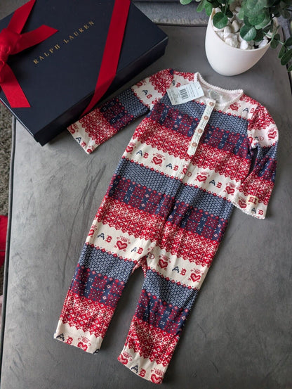 New Ralph Lauren baby Red All In One Baby Grow Aztec Fair Isle Heart gift 6-9m