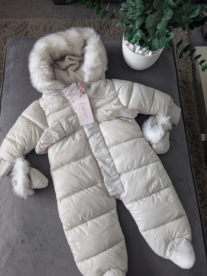 Ted Baker Silver Padded Ruffle Trim Snowsuit & Mittens Set Age 3-6mths BNWT £54