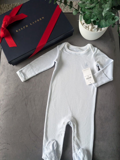 New Ralph Lauren Baby Boys Blue Stripe All In One Babygrow Gift 3-6m Newborn