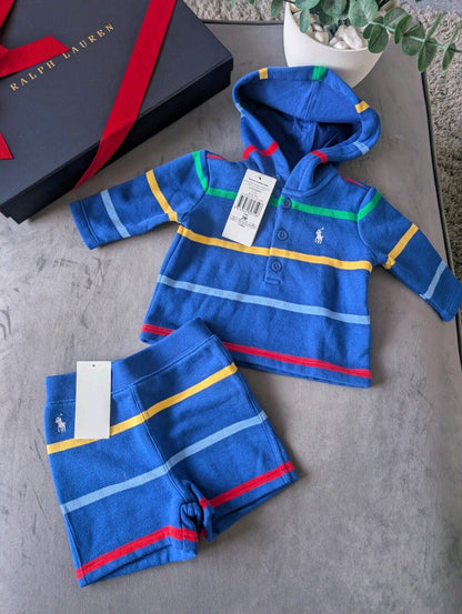 New Ralph Lauren Baby Boy Blue Short And Hoodie Set Gift Stripe Multi 0-3m Cute