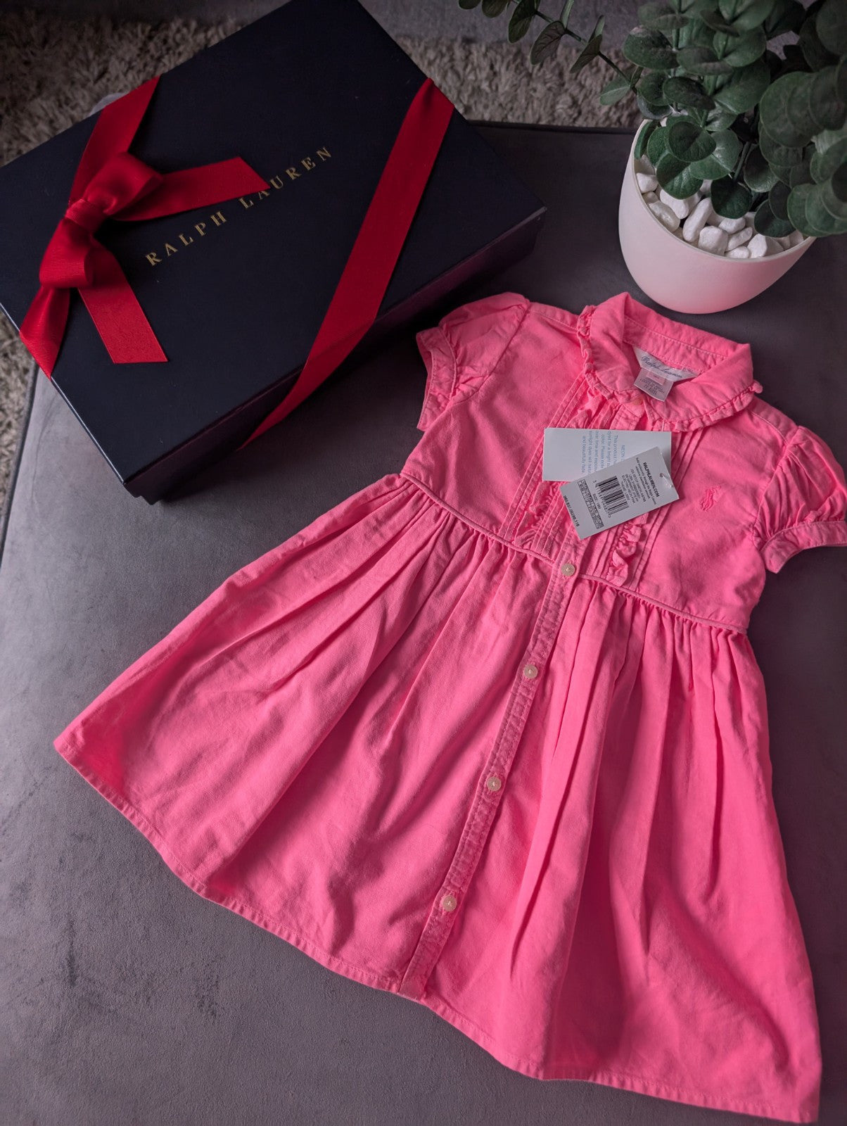 New Girls Polo Ralph Lauren Gorgeous Plain  Dress Oxford Neon Pink 12-18m Smart