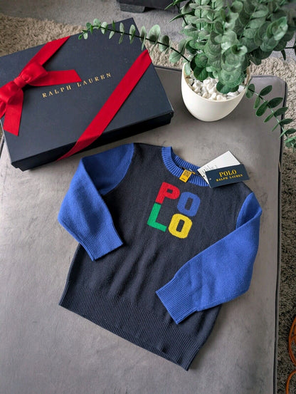 New Ralph Lauren Boys Colour Block Fine Knit Jumper Polo Logo Blue Gift 2-3y