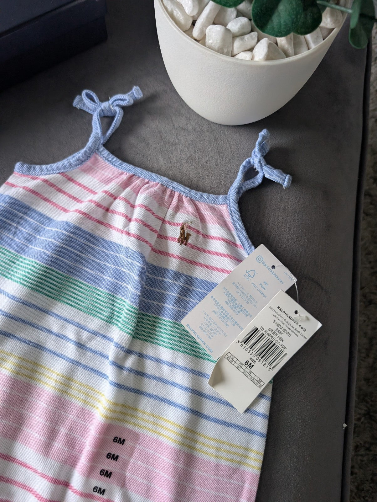 New Ralph Lauren Bubble Shortall Pink Stripe Summer Multi Romper One-Piece 3-6m