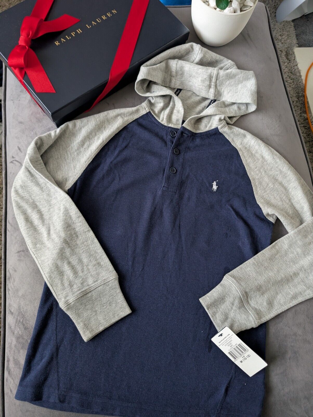 New Boys Ralph Lauren Performance Navy Grey Top With Hood Age 8-10y Gift Casual