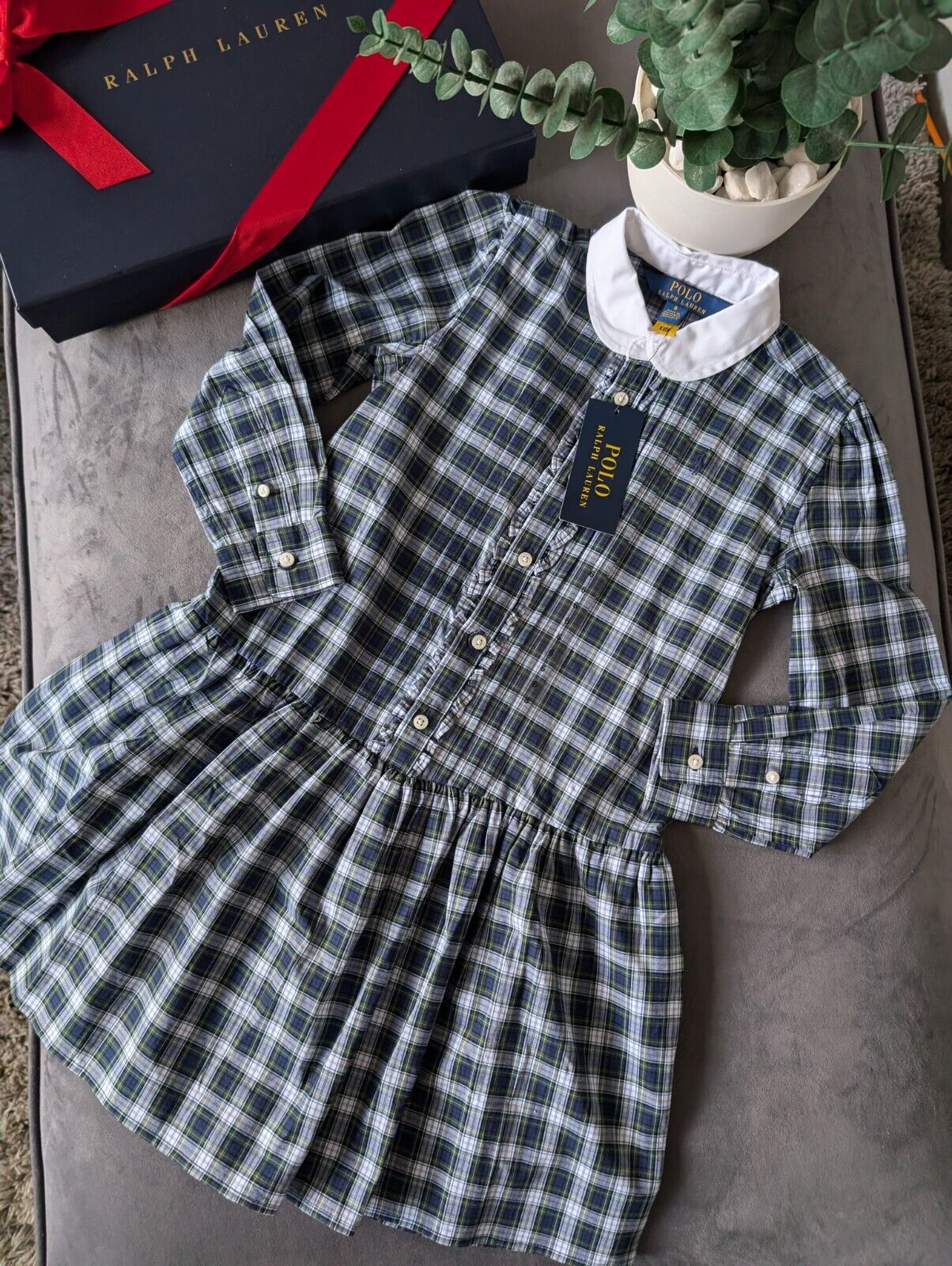 New Girls Polo Ralph Lauren Checked Plaid Dress Poplin Shirt Dress Cotton 6y New