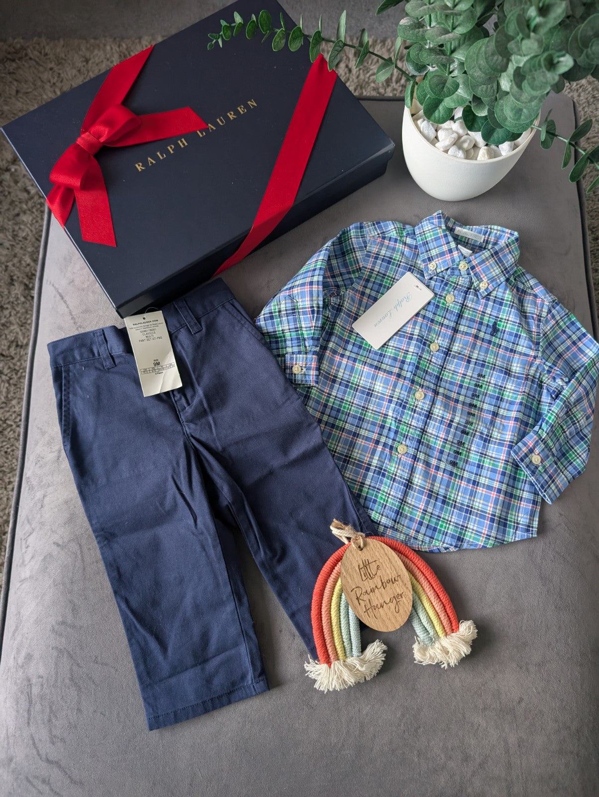 New adorable Ralph Lauren boys Polo Shirt Blue  + Chino Trousers Age 6-9m Gift