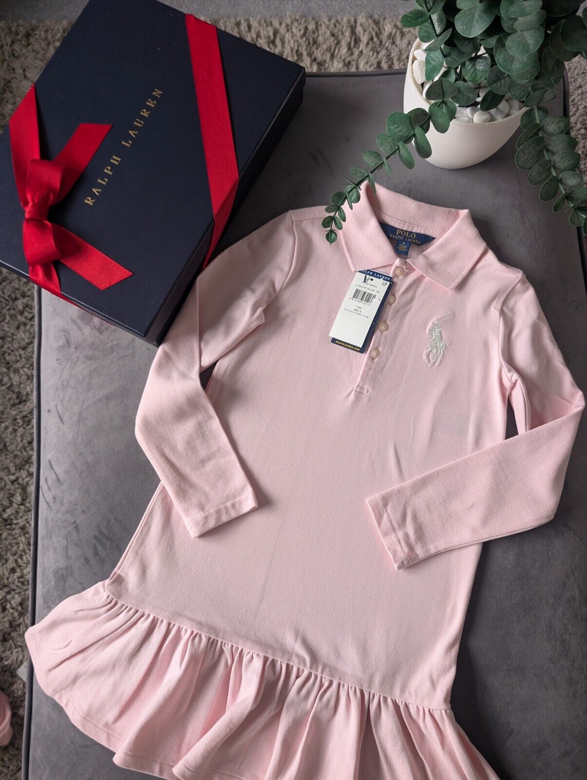 New Ralph Lauren girls Baby Pink Polo dress long sleeve frill age 6  gift