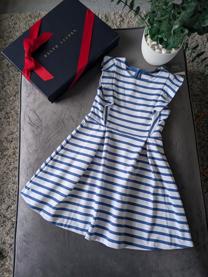 New Ralph Lauren Girls White Navy Stripe Polo Frill Stripe Ribbed Dress Gift 6yr