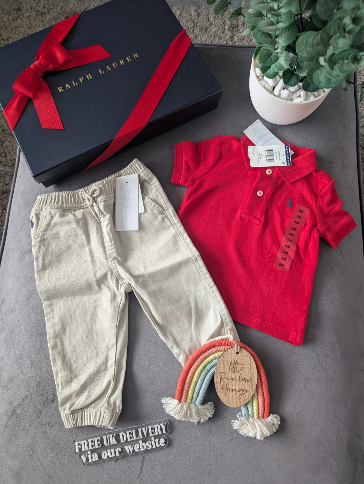 New adorable Ralph Lauren boys Polo Shirt Red  + Chino Trousers Age 6-9m Gift