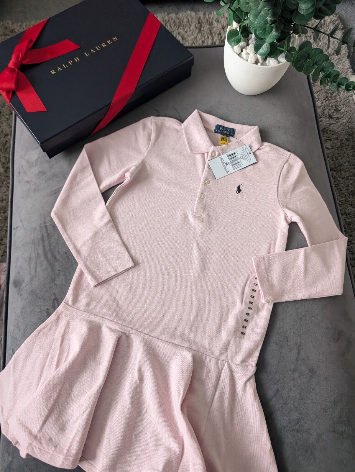 New Ralph Lauren girls soft pink polo dress long sleeve frill age 6-7 occasion gift