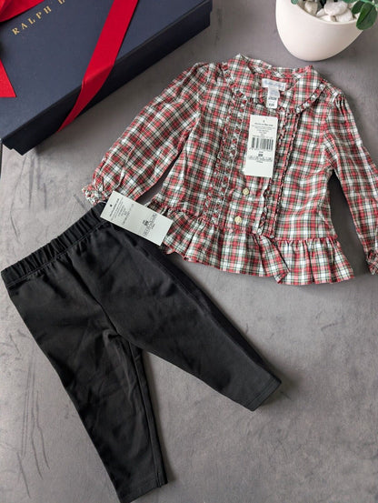 New Ralph Lauren Girls Poplin Plaid Check Shirt Frill + Leggings Set Gift 6-9m