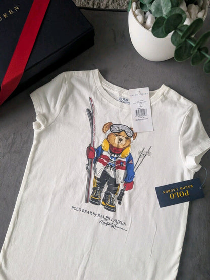 New Ralph Lauren Girls Bear Ski Short Seeve T Shirt 6-7yr Smart White Cute Gift