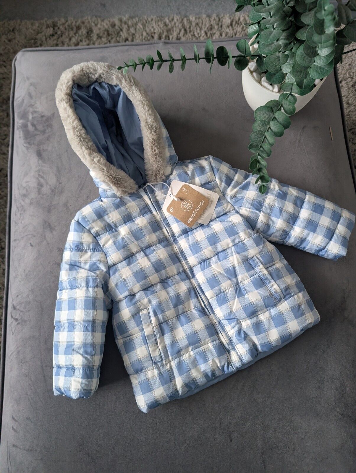 New Baby Mayoral Padded Winter Coat Age 6/9mth Blue Check Fur Trim Hood Gift