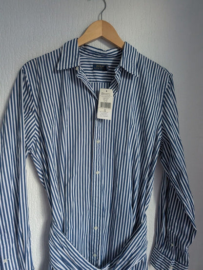 New Polo Ralph Lauren Poplin Shirt Dress Belted Smart UK 14 £175 Blue Stripe