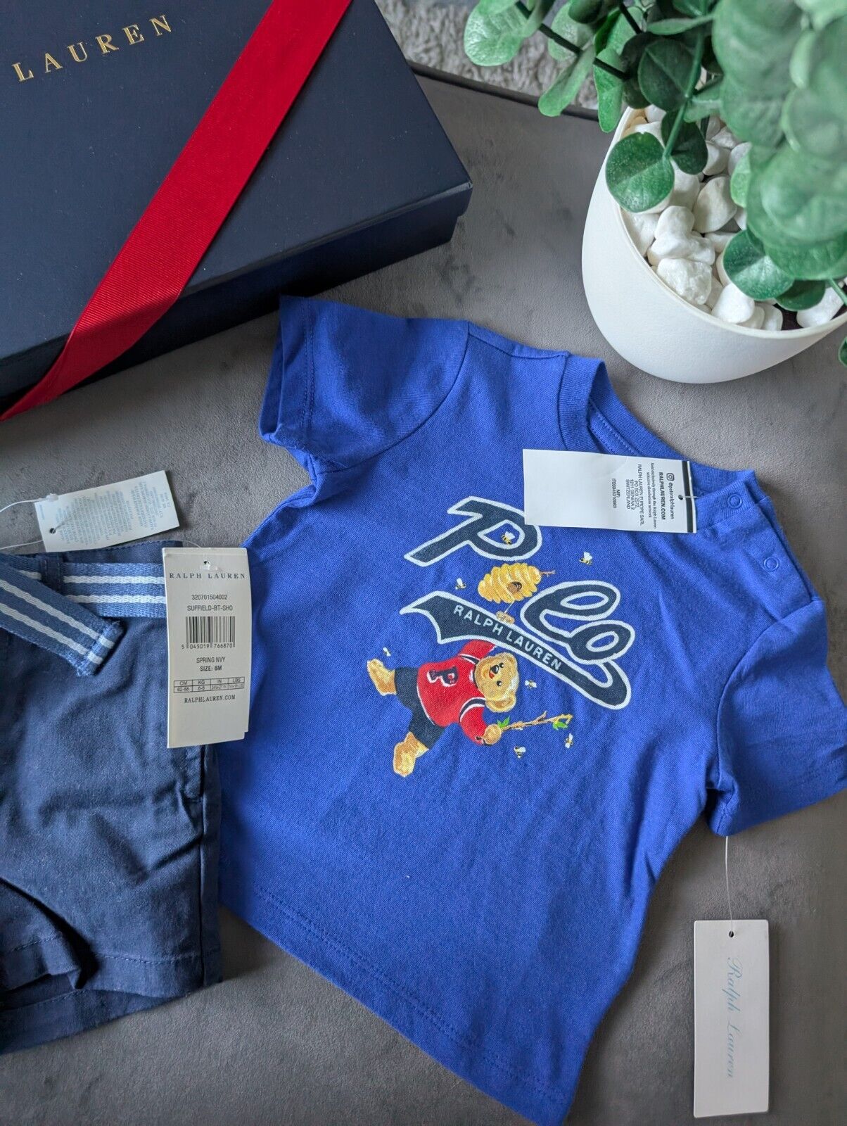 New adorable Ralph Lauren boys Bear Bee t Shirt + navy blue short set 6-9m gift