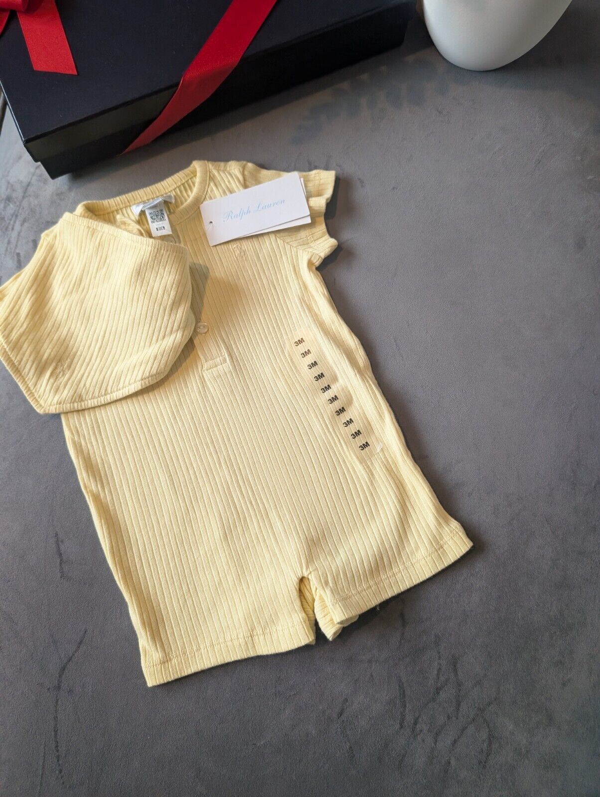 New Ralph Lauren Baby Boy Romper Yellow + Bib Pony Logo Gift New 0-3m  £70