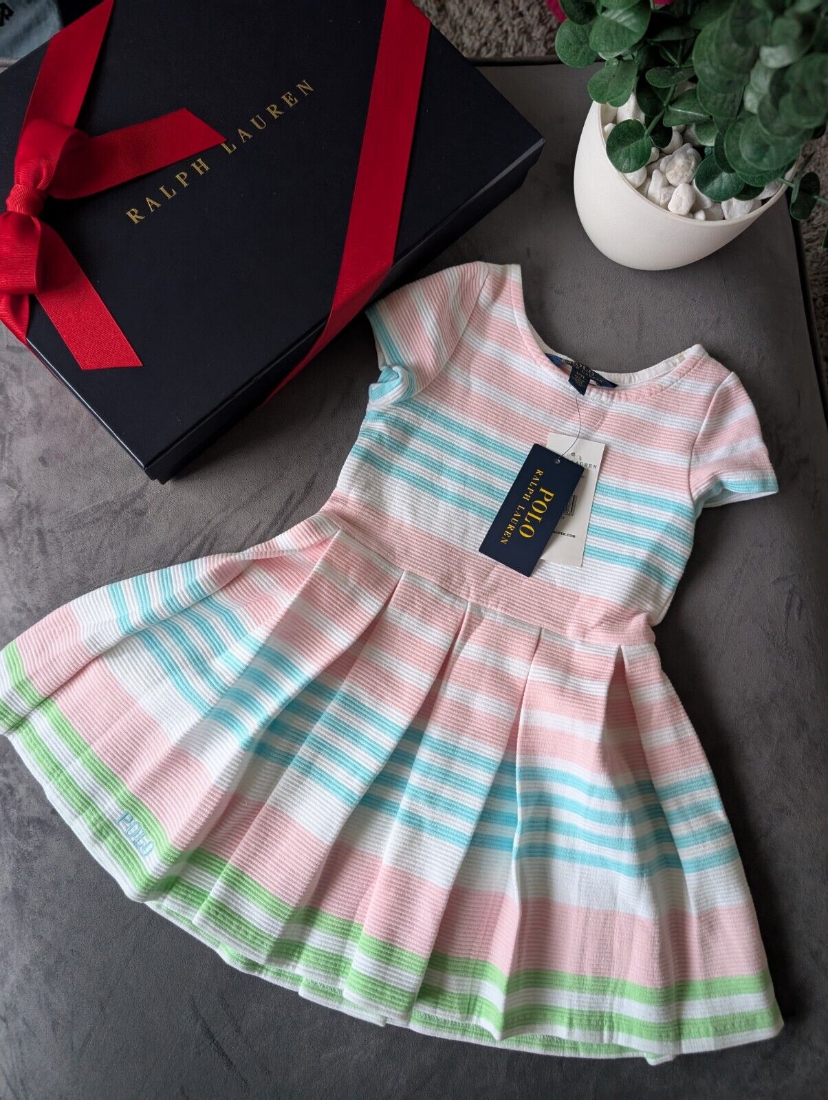 New Stunning Girls Ralph Lauren pastel Ribbed Stripe Dress Occasion Age 3 Gift