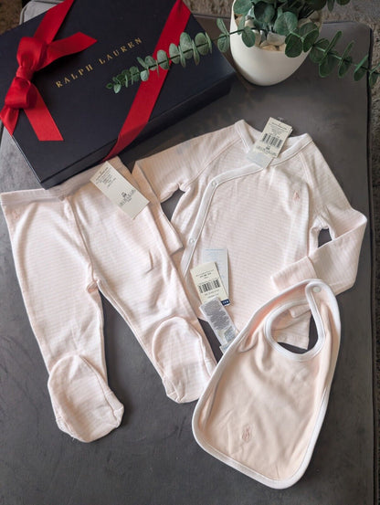 New Ralph Lauren Baby Girl 3 Piece Set Pants Top + Bib Pink Stripe Gift 6-9m