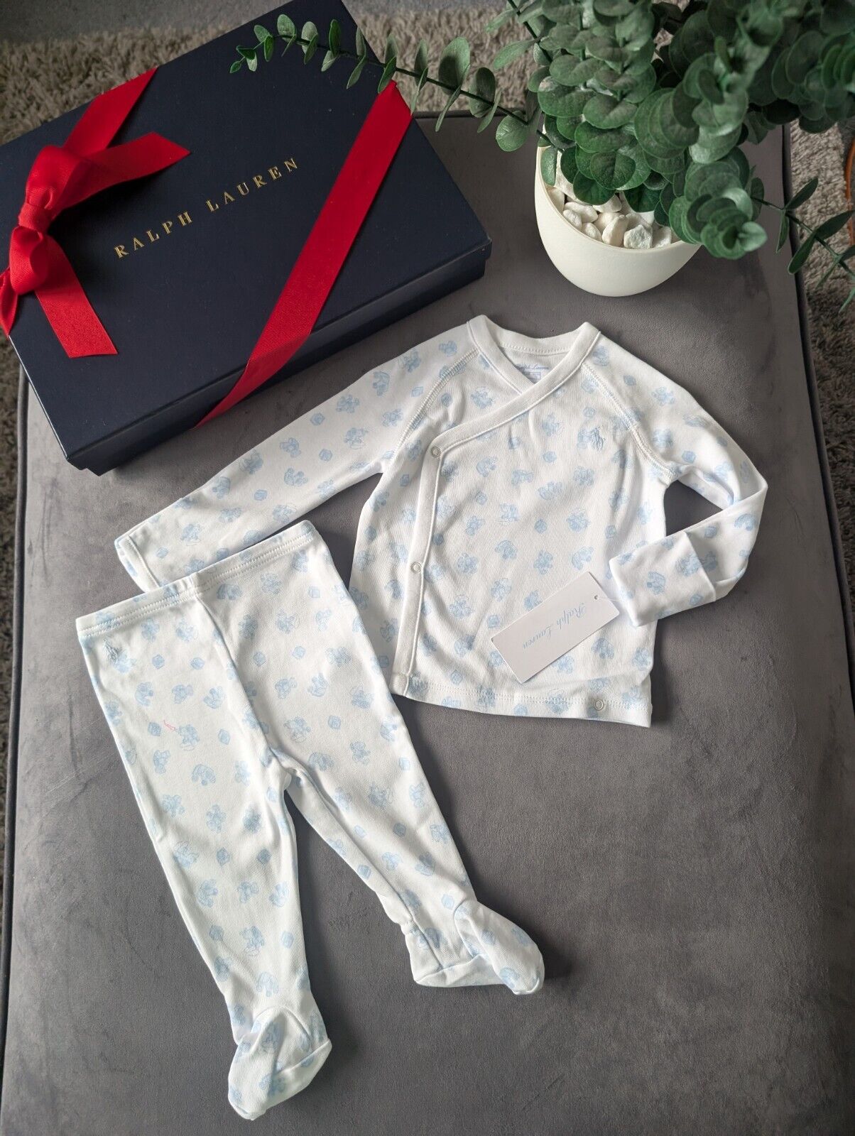 New Ralph Lauren Baby Boy 2 Piece Pyjamas Set 3-6m Blue White Gift  Top +Bottoms