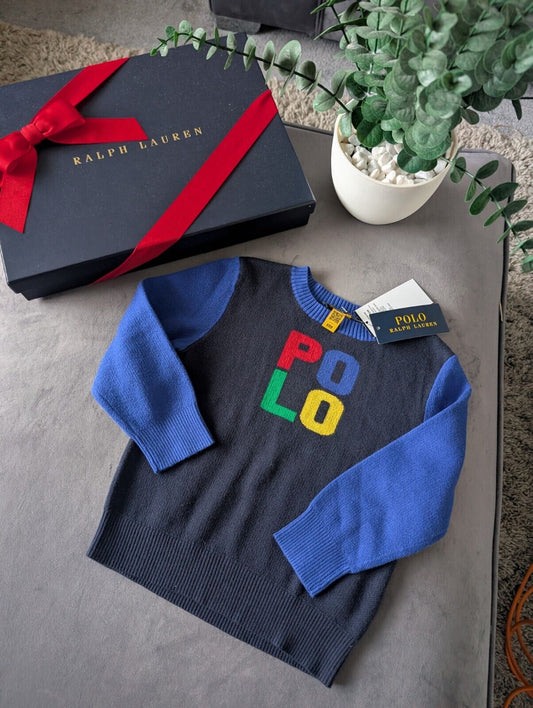 New Ralph Lauren Boys Colour Block Fine Knit Jumper Polo Logo Blue Gift 2-3y