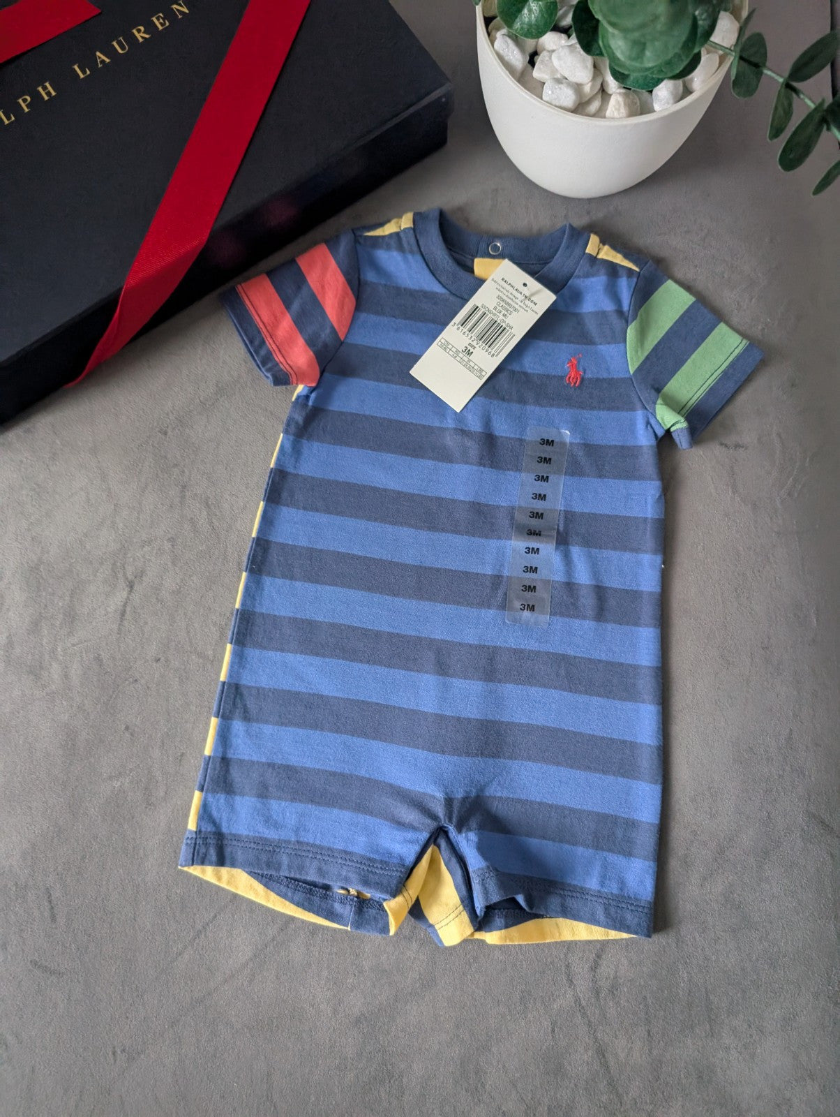 New Ralph Lauren Baby Boy Blue Multi  Smart Romper 0-3m Cute Summer Shortall