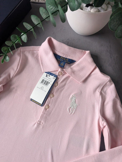 New Ralph Lauren girls Baby Pink Polo dress long sleeve frill age 6  gift