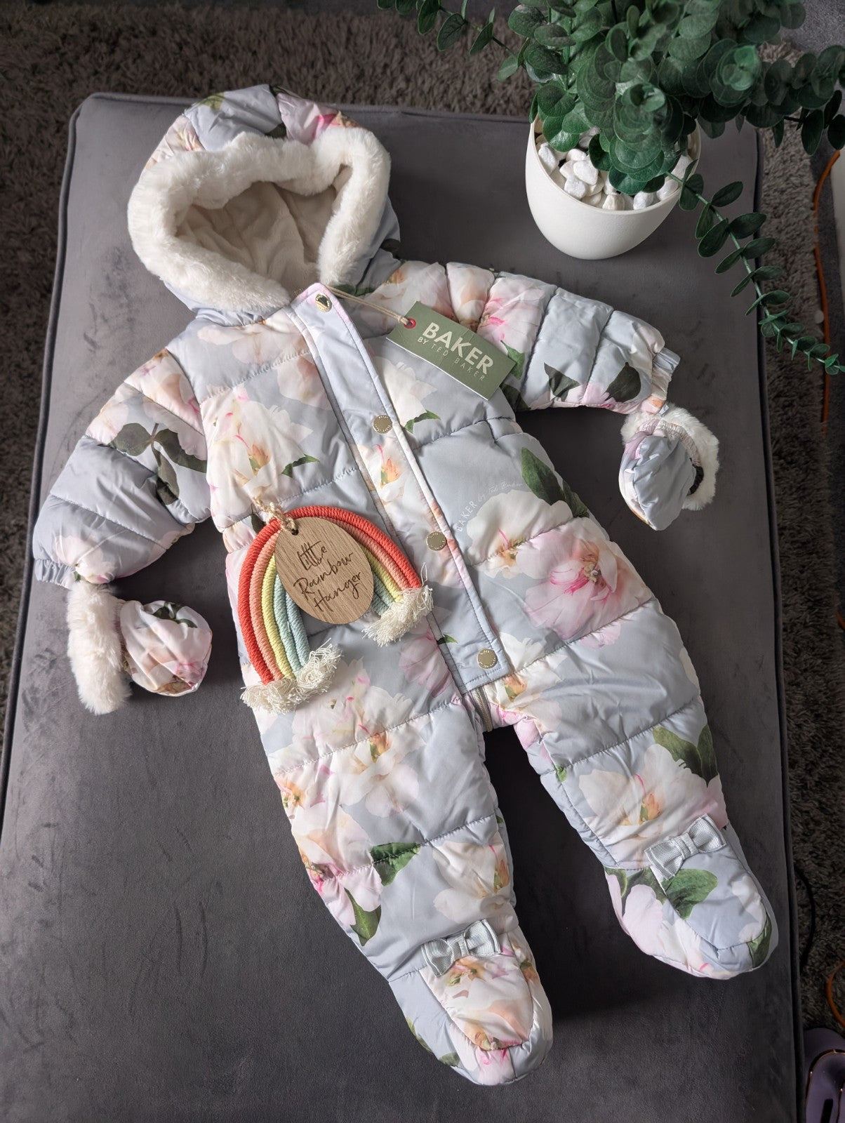 new Baby Girls Ted Baker Fluffy Pink Snowsuit 3-6 Months Zip Up Mittens Faux Fur