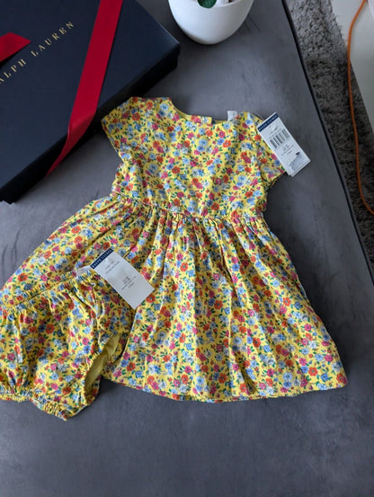 New Ralph Lauren Girls Floral Fully Lined Pretty Party Dress 9m Gift Yellow