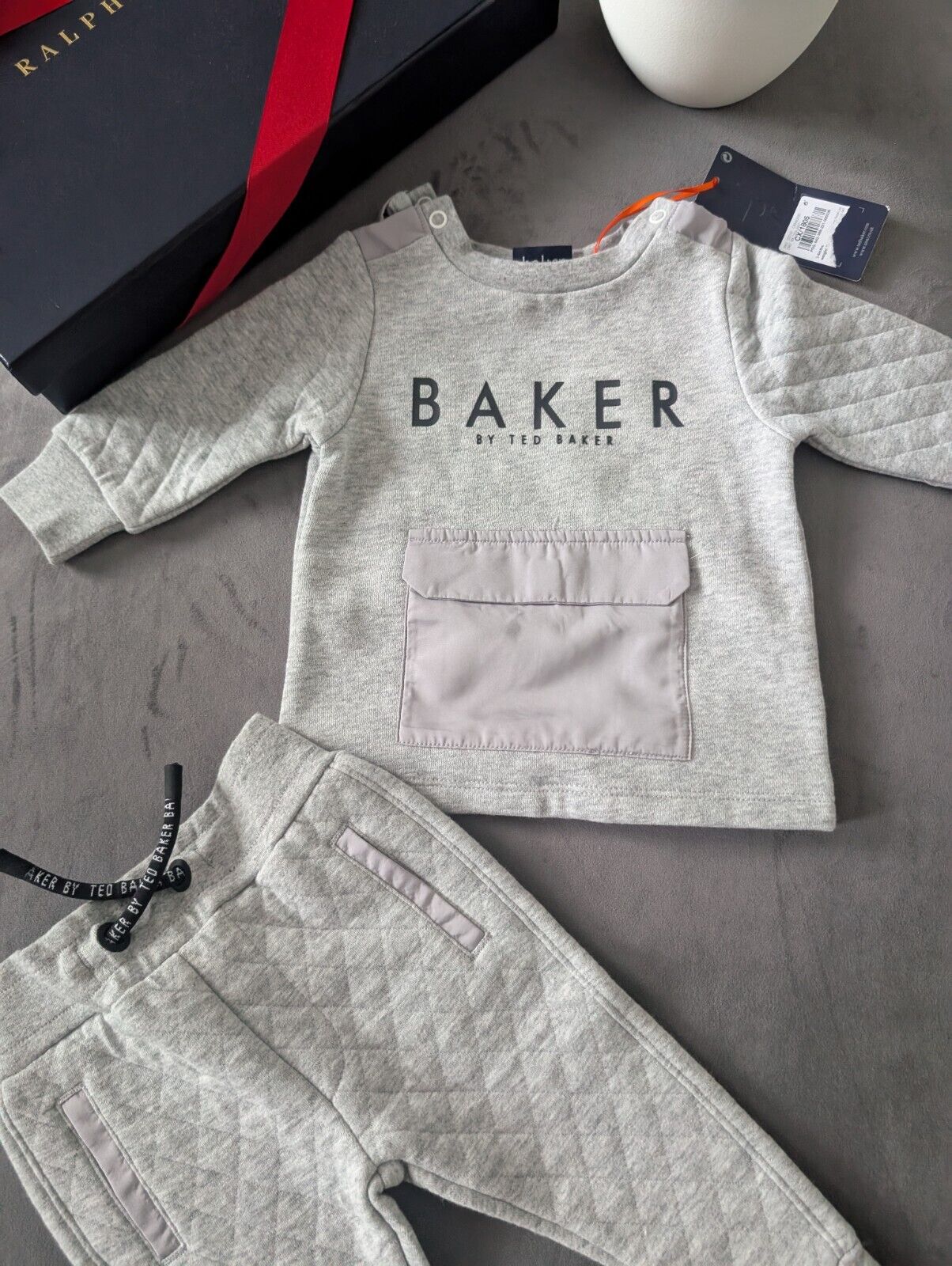 BNWT Ted Baker Boy Grey Blue Logo Tracksuit Jogger Set Outfit 3-6m Quilted Gift