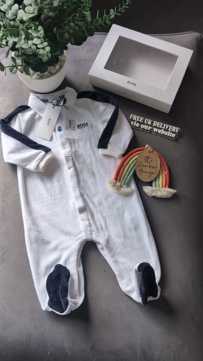 New Hugo Boss Baby Boy Ivory Blue Romper All In One 9-12m £75 Gift Smart Velour