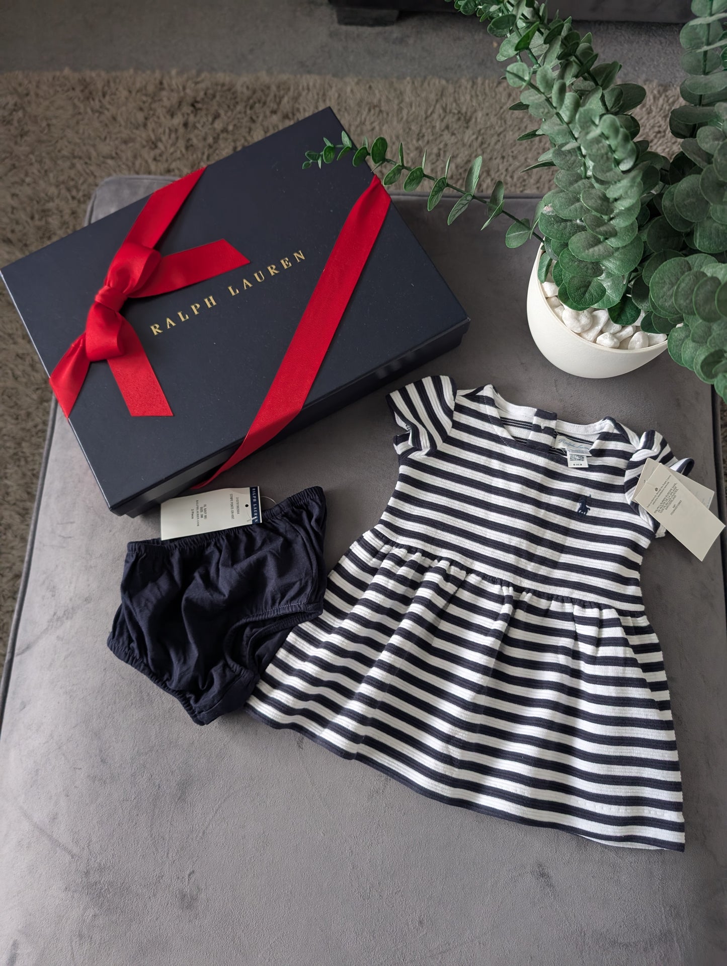 new polo Ralph Lauren French Navy/White Stripe dress Girls Age 0-3M ribbed smart