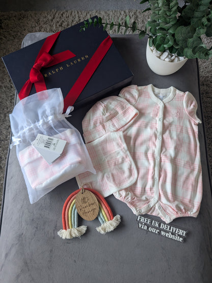 New Ralph Lauren Baby Girl Gift Set Basket Gingham Romper Hat + Bib 3-6m Pretty