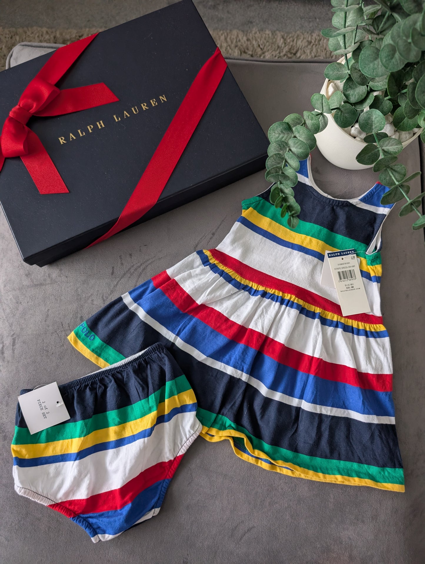 New Ralph Lauren Baby Girls Stripe Sleeveless Summer Dress Thin Blue Stripe 6-9m