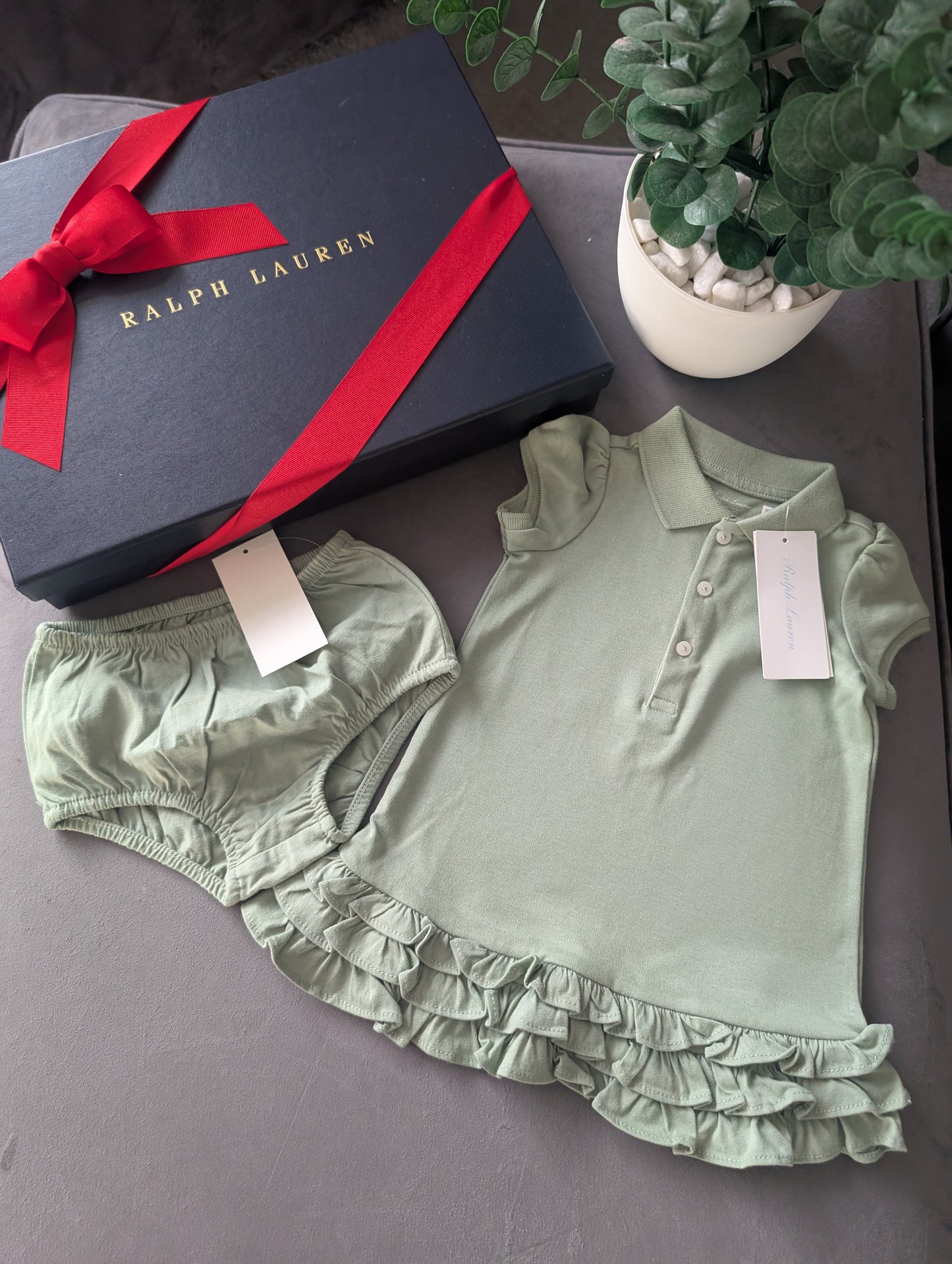 New Ralph Lauren Cupcake Sage Baby Girls Frill  Polo Dress 3-6 Months Gift Green