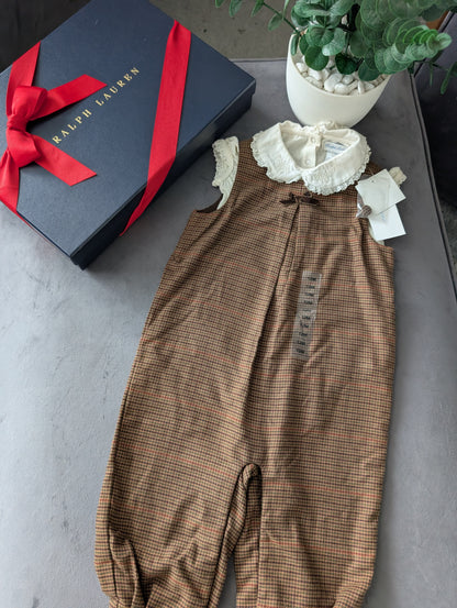 New Gorgeous Ralph Lauren Baby Girls 2-Piece Brown Check Dungaree Gift 9-12M