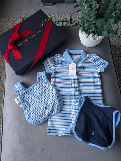 New Ralph Lauren Baby Boy Navy Blue Stripe Romper 6-9m Gift Cute Baby + 2 x Bibs