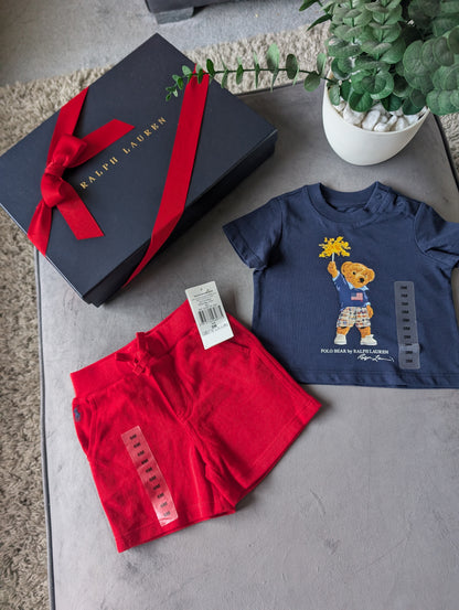 New adorable Ralph Lauren boys Bear t Shirt + Red Short set 3m gift Summer Cute