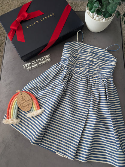 New Ralph Lauren Girls White Navy Stripe Polo Frill Stripe Strappy  Dress 5yr