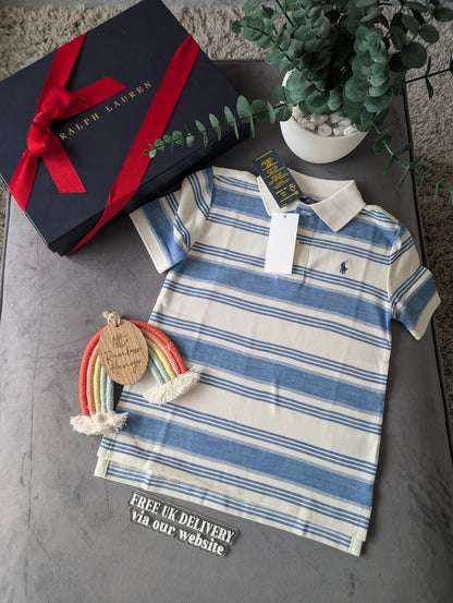 New Ralph Lauren Boys White Blue Stripe Smart Polo T Shirt Summer Gift Casual 4y