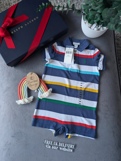 New Ralph Lauren Baby Boy Navy Blue Stripe Romper 6-9m Gift Cute Baby Summer