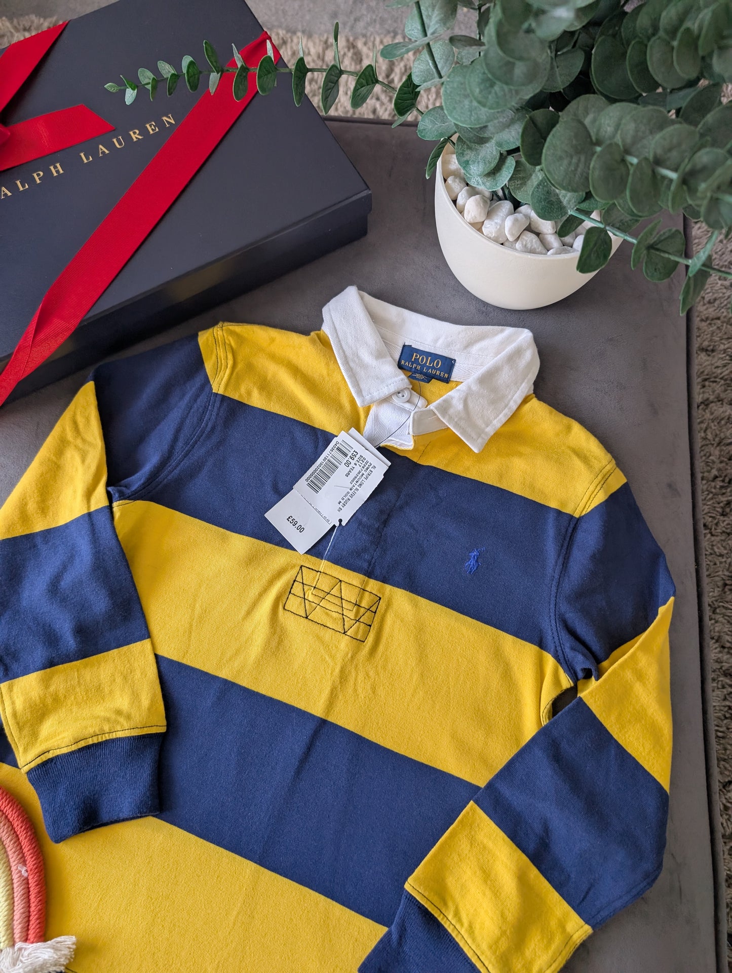 New Ralph Lauren Boys Rugby Style Stripe Long Sleeve Polo Yellow Navy 6 y Boys