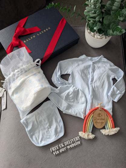 New Ralph Lauren Baby Boy Gift Set Basket Bear Romper Hat + Bib 3-6 Gift 4pc