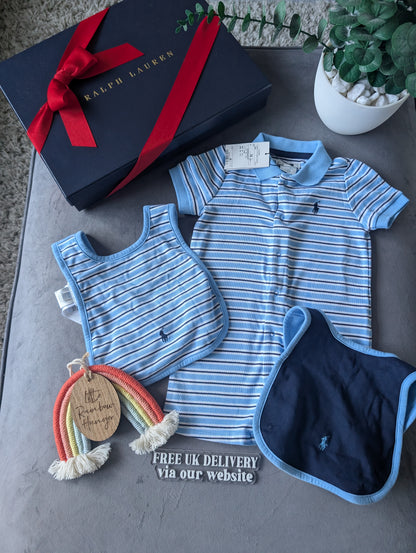 New Ralph Lauren Baby Boy Navy Blue Stripe Romper 6-9m Gift Cute Baby + 2 x Bibs