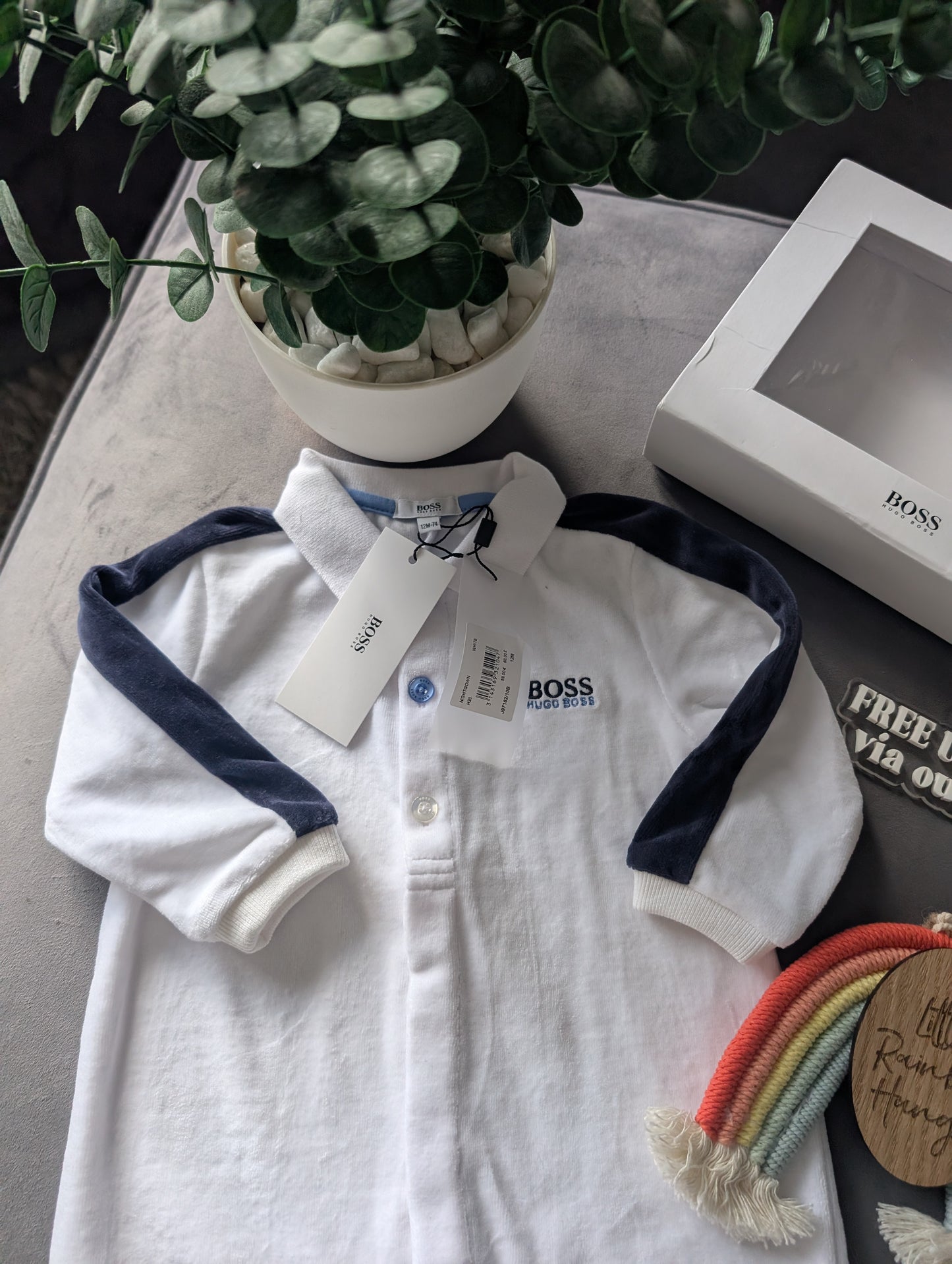 New Hugo Boss Baby Boy Ivory Blue Romper All In One 9-12m £75 Gift Smart Velour