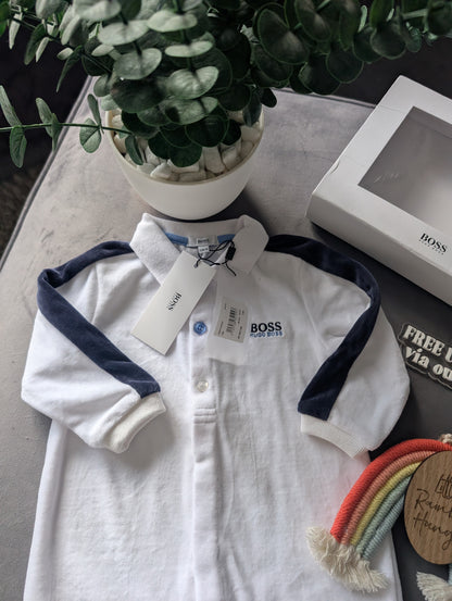 New Hugo Boss Baby Boy Ivory Blue Romper All In One 9-12m £75 Gift Smart Velour