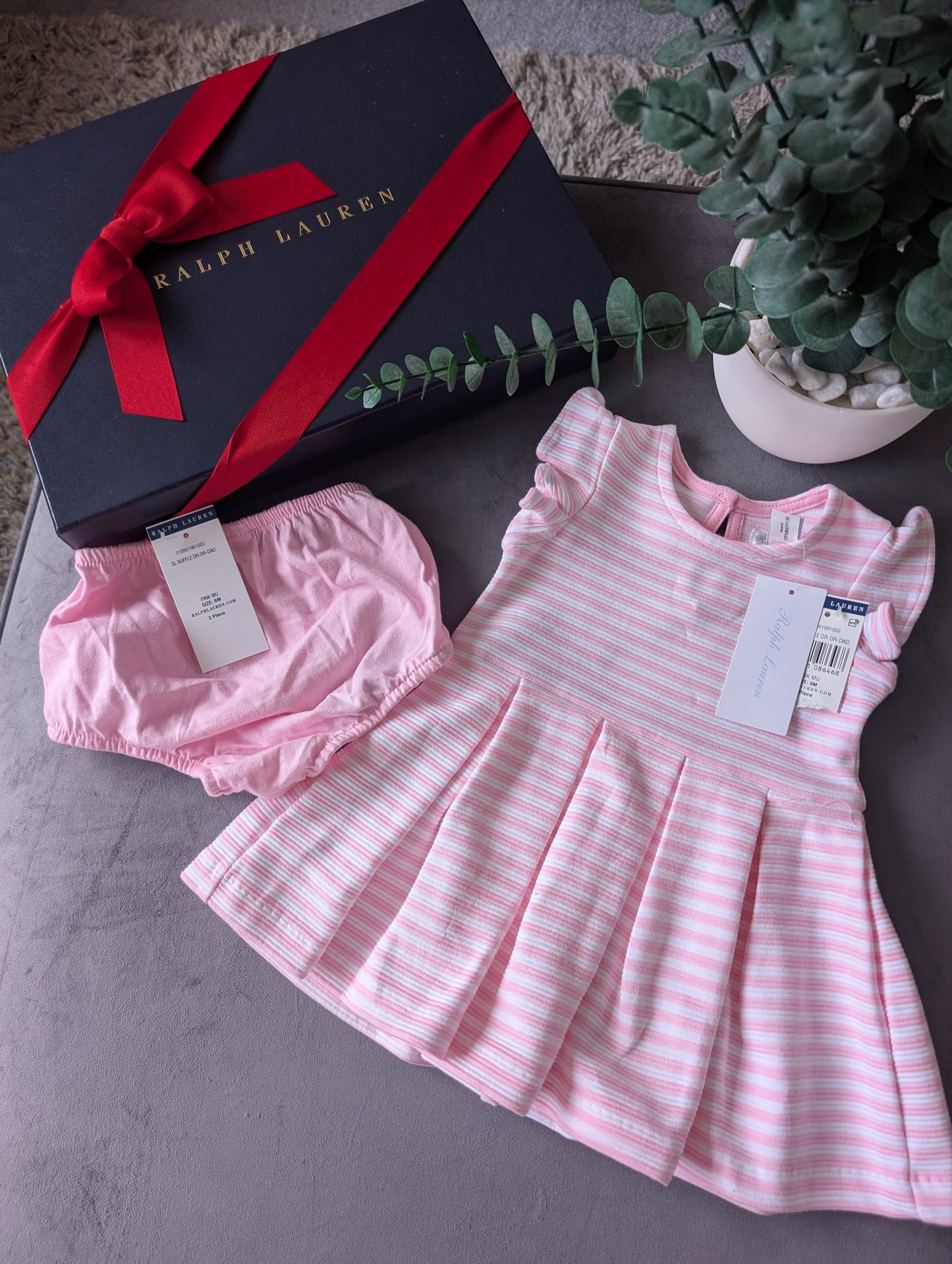 New Stunning Girls Ralph Lauren Pink Ribbed Stripe Dress Occasion 3-6m Gift